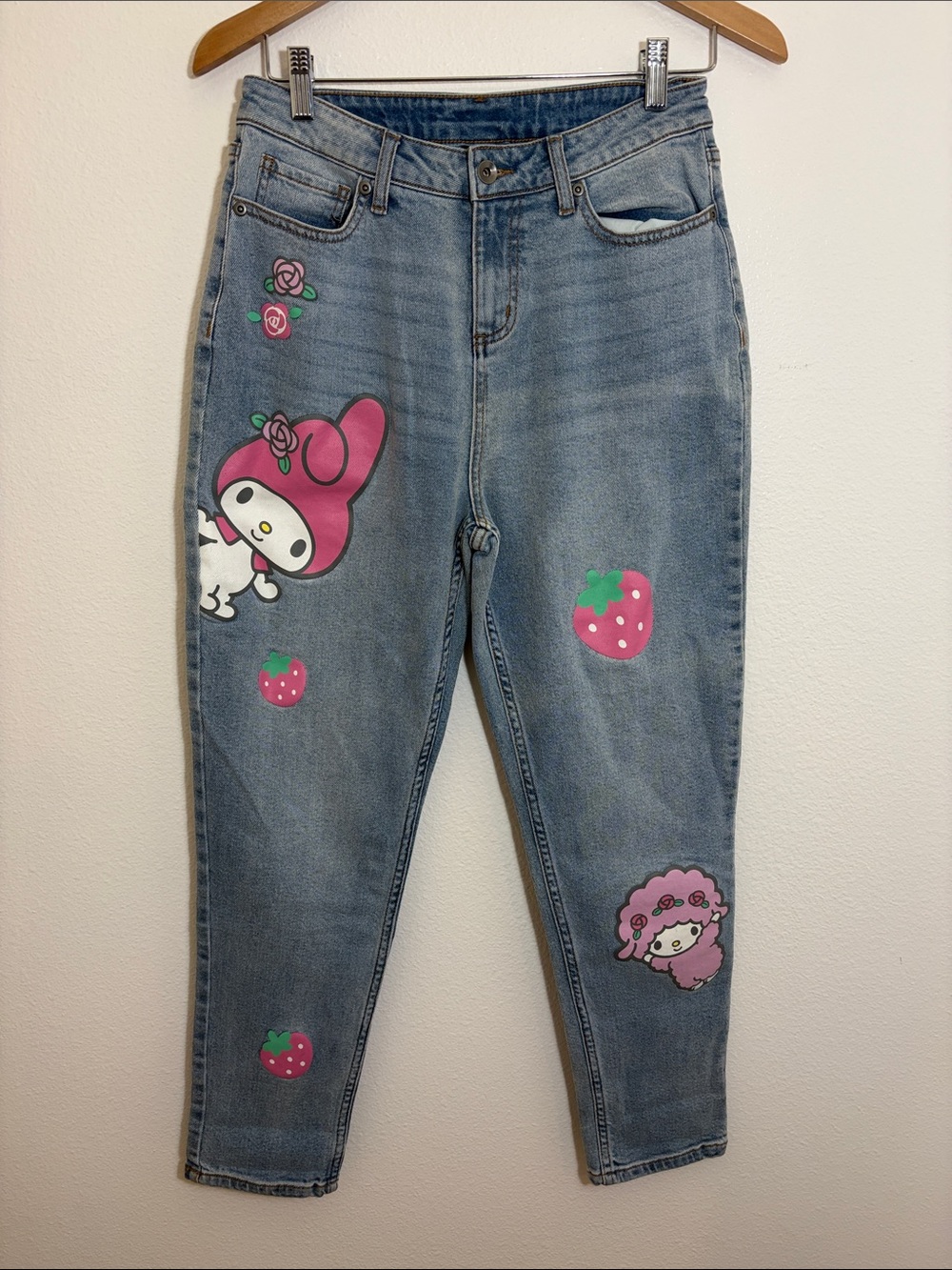 Sanrio My Melody Light Blue Denim Jeans with Pink Character and Strawberry Print